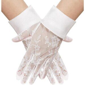 Women's Lvory 02 Floral Short Length Lace Tulle Mesh Wrist Wedding Party Gloves